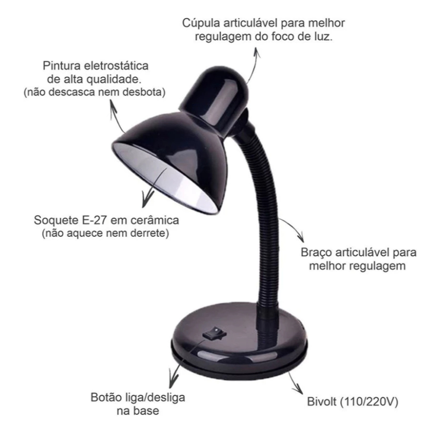 Luminária De Mesa Abajur Flexível Articulável Leitura Bivolt