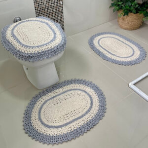 Jogo De Banheiro Em Crochê 3 Peças Vezinho Artesanal - Cinza