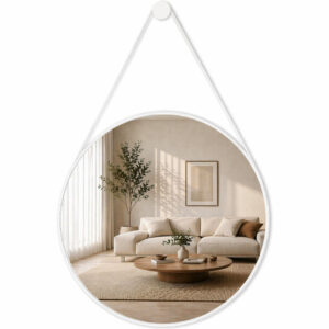 Espelho Adnet Com Alça Couro Redondo Decorativo Várias Tamanhos + Suporte - Alça Branco