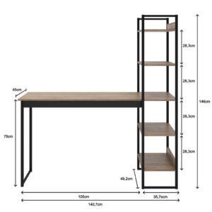 Escrivaninha Mesa Escritório Home Office Lâmina com Preto com 5 Prateleiras Estante Integrada Industrial Mod: Atenas Sho