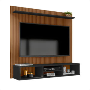 Painel para TV até 60 Polegadas Ripado Para Sala Com Nicho e Prateleira Espaçosa Organização Moderna - 50" | Ripado - Preto