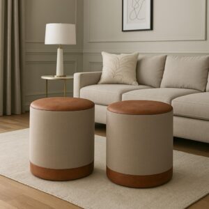 Kit Puff Marrocos Linho pés madeira 2unidades banco banqueta envio imediato - BEGE/MARROM