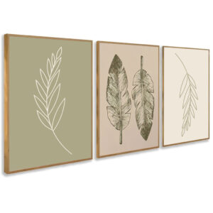 Kit 3 Quadros Decorativo Folha Verde Desenho Minimalista Neutro Natural Simples Com Moldura - Carvalho