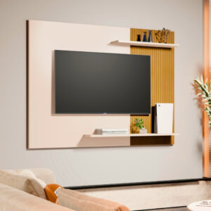 Painel Para Tv 50 Polegadas Estante Rack Flutuante Sala Quarto Painel Suspenso Ripado Nichos Nature - Off White / Ripado