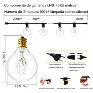 Cordão de 7m/46m Luzes à Prova d'água com Lâmpadas Incandescentes G40 de Perfeito Para Iluminação de Festas no Jardim - 46.65M/90Lâmpadas+ 6 extra