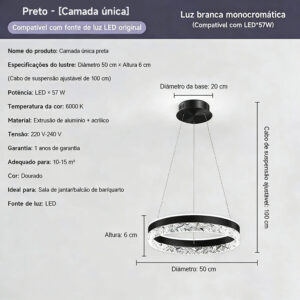 Lustre Pendente LED Cristal Premium 57W - Dourado | Iluminação Forte e Design Luxuoso para Sala, Quarto e Cozinha - Preto