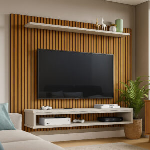 Painel Ripado TV Para Sala Com Nicho e Prateleira Espaçosa Organização Elegante Moderna e Resistente