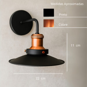 Arandela Nordic 22cm Industrial Preto Cobre E27 Bivolt Alumínio Parede Vintage Loft