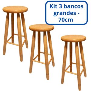 Banquinhos Grande em madeira maciça 70cm Altura - Banco tamborete banqueta Alta - 3 Bancos Grandes