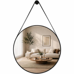 Espelho Adnet Com Alça Couro Redondo Decorativo Várias Tamanhos + Suporte - Alça Preto