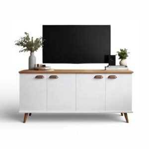 QUEIMA DE ESTOQUE - Buffet Balcão com 3 Portas e 1 Prateleira Multiuso - p/ Sala Estar ou Escritório - 4 PORTAS CEDRO/BRANCO