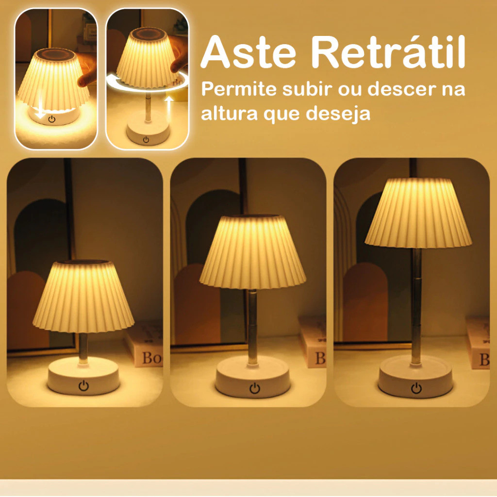 Abajur De Mesa Recarregável Retrátil Em Aço - Luminária Led USB Com Luz Branco Quente Ajustável Sem Fio Design Moderno
