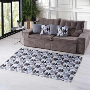 KIT TAPETE SALA QUARTO GEOMETRICO 1M X 1,40M + 04 CAPAS GORGURINHO 45CMX45CM JOGO COMPLETO - CINZA ABSTRATO