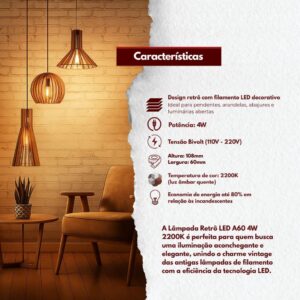 Kit 2 Lâmpada Led Filamento A60 4w 2200k Branco Quente Bivolt 110v/220v Retrô Decorativa Âmbar E27