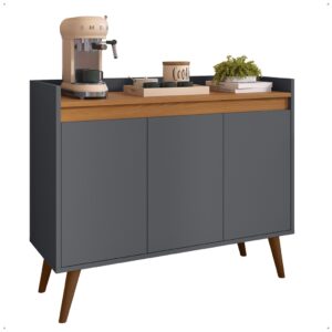 Aparador Buffet Retrô Pés Palito Em Madeira Maciça Esplanada Cantinho Do Café Recepção 2,3,4 Portas - Lívia 3 Cinza Com Freijó