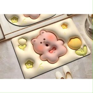 Tapete de Banheiro Efeito 3D Antiderrapante Super Absorvente Saída Chuveiro Box Super Absorvente 58x38cm - Urso flor amarela-7