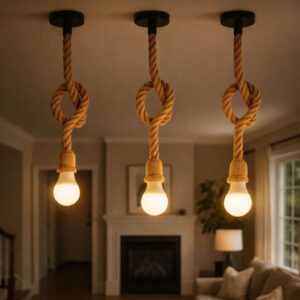 Kit 3 Pendente Corda Sisal 1 Metro 110v 220v Com 3 Lâmpadas Bulbo Led 9w 3000k Branco Quente Bivolt