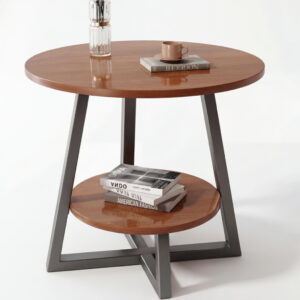 Mesa de Centro Redonda Simples em Madeira Maciça na Cor Nogueira, com 2 Prateleiras (Mesa Auxiliar Decorativa para Sala)