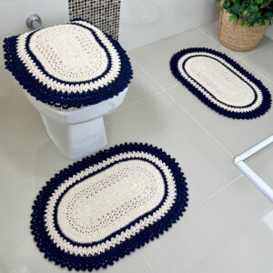 Jogo De Banheiro Em Crochê 3 Peças Vezinho Artesanal - Azul Marinho