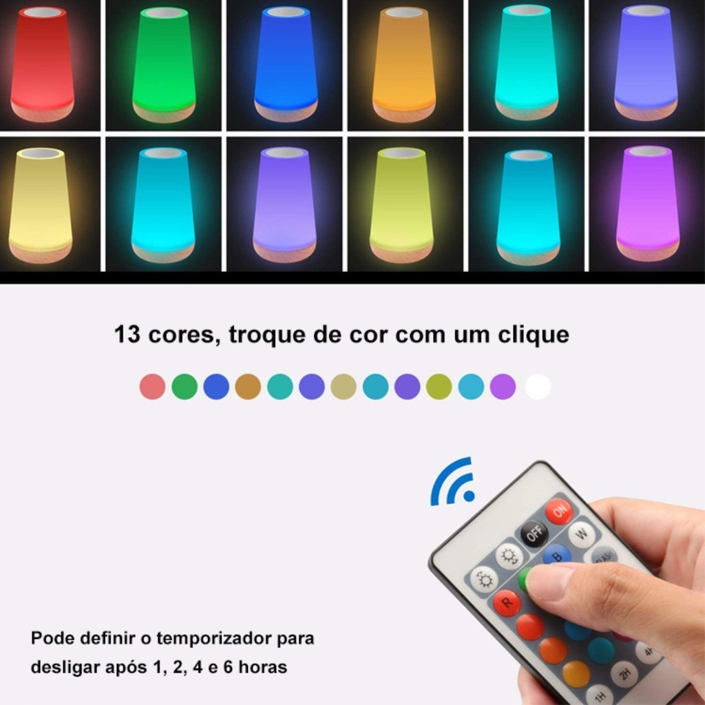 Luminária de Mesa Abajur LED RGB 13 Cores Touch Recarregável Controle Remoto Decoração Quarto Infantil Gamer