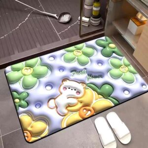 Tapete de Banheiro Efeito 3D Antiderrapante Super Absorvente Saída Chuveiro Box Super Absorvente 58x38cm - Urso Flor Verde-3