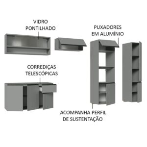 Armário de Cozinha Completa Suspenso 300cm Cinza Nice Madesa 06