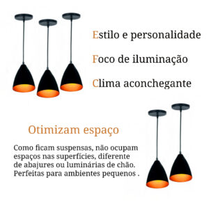 Kit 3 Luminárias Modernas Pendentes Sala Jantar De Teto Preta