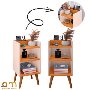 Kit com 2 Mesa de Cabeceira Nicho Organizador, pés retrô em PVC e Porta-Celular Max - Kit Max Off