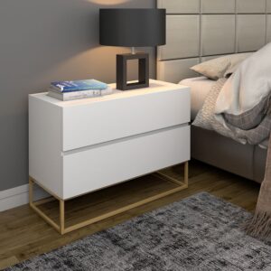 Mesa Cabeceira Eros 60cm Com Gavetas Pés Dourado Estilo Industrial - Branco