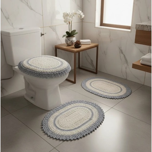 Jogo De Banheiro Em Crochê 3 Peças Vezinho Artesanal