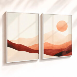 Kit 2 Quadros Decorativos com Moldura Paisagem Abstrata Montanhas Sol Minimalista Ton Terrosos Sala - Branca
