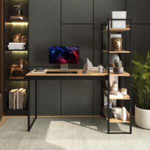 Escrivaninha Mesa Escritório Home Office Lâmina com Preto com 5 Prateleiras Estante Integrada Industrial Mod: Atenas Sho