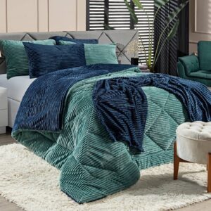 Kit Coberdrom KING 03 Peças Edredom Cobertor Dupla Face Canelado Denver Manta Quente com Fronhas - Verde