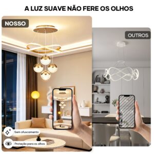 Lustre Pendente Moderno Cristal LED 3 Cores Sala Estar Jantar Quarto Luxo Luminária Teto Dourado