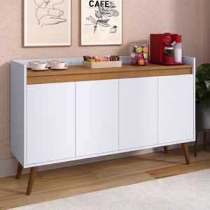 *Aparador Buffet Cantinho Café Sala Jantar Cozinha 4 Portas Puxador Embutido Prateleira Interna K7 - Lívia 4 Branco Com Freijó