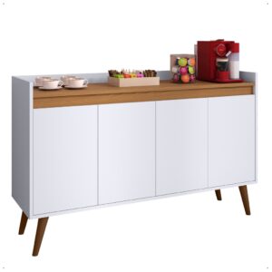 Aparador Buffet Retrô Pés Palito Em Madeira Maciça Esplanada Cantinho Do Café Recepção 2,3,4 Portas - Lívia 4 Branco Com Freijó