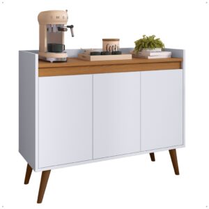 Aparador Buffet Retrô Pés Palito Em Madeira Maciça Esplanada Cantinho Do Café Recepção 2,3,4 Portas - Lívia 3 Branco Com Freijó