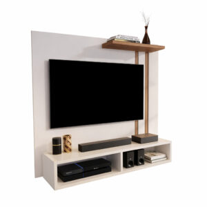 Painel Ripado TV Para Sala Com Nicho e Prateleira Espaçosa Organização Elegante Moderna e Resistente - 32" - Off White/Nature