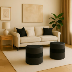 Kit Puff Drive Redondo 2unidades Sala Estofado – Moderno - Oferta Entrega Imediata - Cinza/ Preto