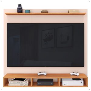 Painel para TV 50 Polegadas Ripado 3 Nichos e Prateleira Suspensa Home Rack Sala Quarto Moderno - Off White /Cinamomo