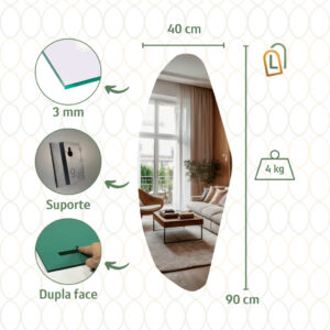 Espelho Lopazzi GRANDE ORGÂNICO RETANGULAR VIDRO DECORAÇÃO PARA SALA QUARTO BANHEIRO SUPORTE OU DUPLA FACE - Brisa 90x40