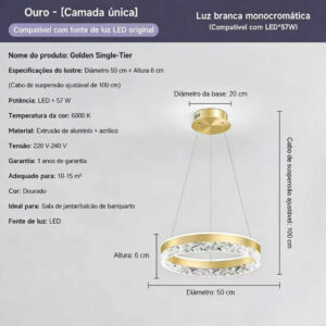 Lustre Pendente LED Cristal Premium 57W - Dourado | Iluminação Forte e Design Luxuoso para Sala, Quarto e Cozinha - Ouro