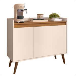 Aparador Buffet Retrô Pés Palito Em Madeira Maciça Esplanada Cantinho Do Café Recepção 2,3,4 Portas - Lívia 3 Off White Com Freijó