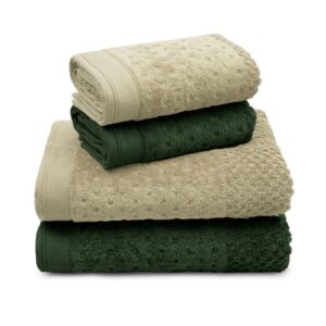 Kit 4 Peças de Toalha Pollo Cinza Minério 2 Banho 68x140 + 2 Rosto 50x75 Algodão - Verde Musgo e Bege Cinza