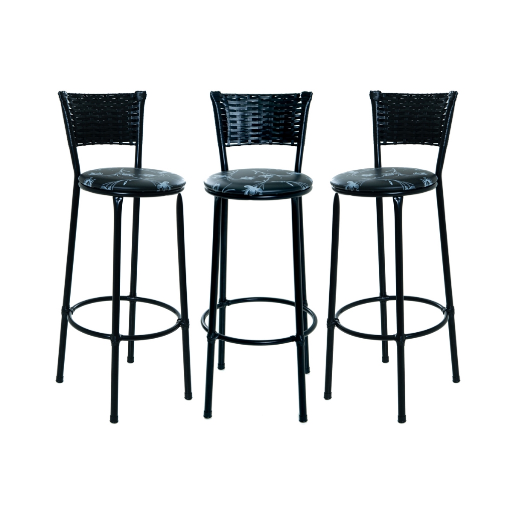KIT 3 BANQUETAS BANCO ALTO ENCOSTO PRETO COZINHA AREA GOURMET MOVEIS DE JUNCO