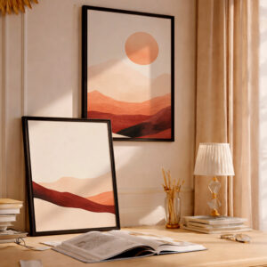 Kit 2 Quadros Decorativos com Moldura Paisagem Abstrata Montanhas Sol Minimalista Ton Terrosos Sala