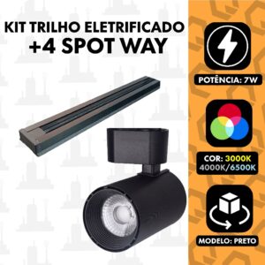 kit Trilho Eletrificado 1m + 4 spots 7w Preto Luz Branco 6500k/Neutro 4000k/Amarelo 3000k