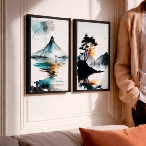 Kit 2 Quadros com Moldura Paisagem Aquarela Montanha Lago Minimalista Natureza Zen