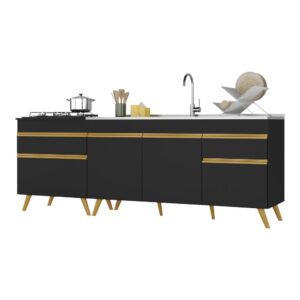 Kit com 2 Balcões de Cozinha 150cm e 70cm Veneza Multimóveis V2073 - Preto/Dourado