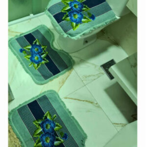 Tapete Para Banheiro Jogo 3 Peças Conjunto Tapetes Toalha Chão Piso Estampas Liso Barato Promoção - VERDE CLARO ESTAMPADO